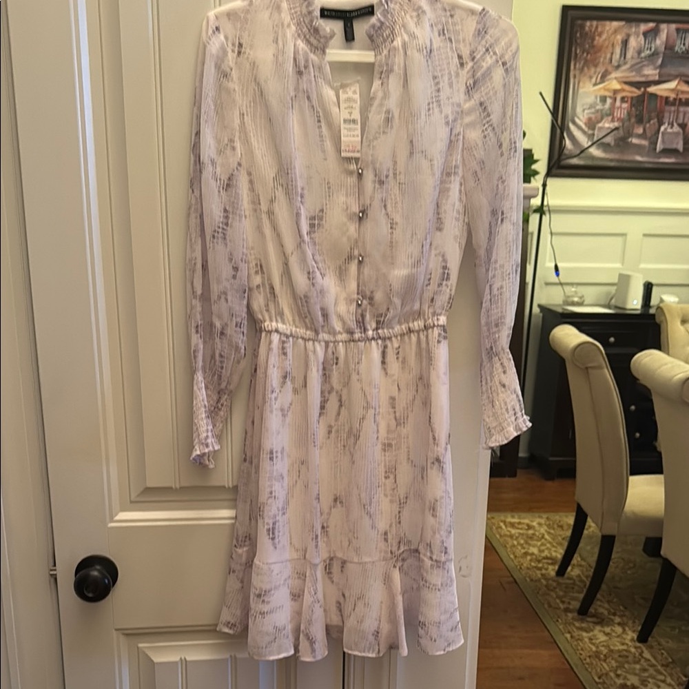 White House Black Market Cream Ruffled V-Neck Dress